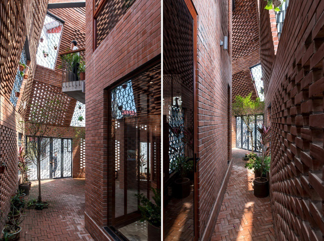 Từ tầng 2, bức tường ngoài được thiết kế nghiêng dần vào trong theo góc độ chéo khác nhau, tạo ra nét độc đáo cho công trình. Nguồn: Báo Xây Dựng.