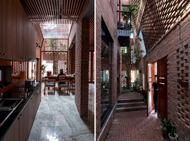 Không gian bếp và nhà ăn tràn ngập ánh sáng tự nhiên. Sự độc đáo trong thiết kế giúp ngôi nhà có sự hài hòa giữa “đóng” và “mở” giữa hai bức tường và các khu vực trong, giúp xóa mờ ranh giới trong - ngoài ngôi nhà. Nguồn: Báo Xây Dựng.