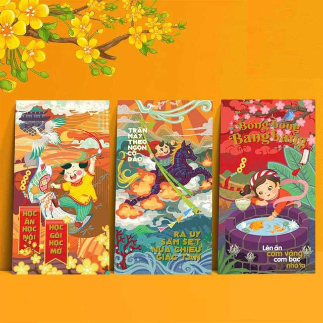 Bao lì xì lấy cảm hứng từ những câu chuyện cổ tích thời xưa. Ảnh: Nhipsongkinhte. Video: Lì xì Tết bằng sách: Truyền thống và nhân văn. Nguồn: VTC