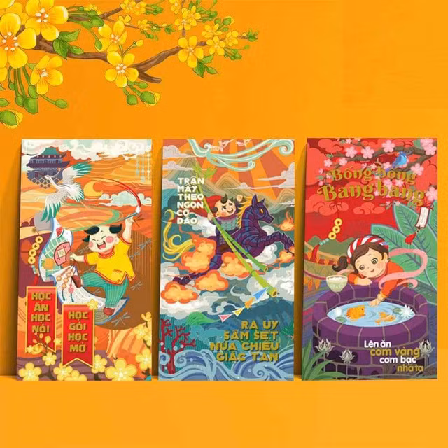 Bao lì xì lấy cảm hứng từ những câu chuyện cổ tích thời xưa. Ảnh: Nhipsongkinhte. Video: Lì xì Tết bằng sách: Truyền thống và nhân văn. Nguồn: VTC