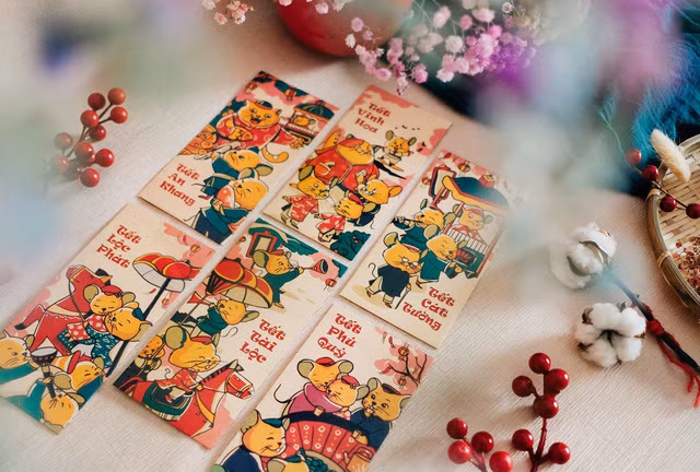 Phong bao lì xì đám cưới chuột in trên giấy có giá 18.000 - 30.000 đồng/6 chiếc. Ảnh: Nhipsongkinhte.