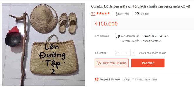 Không chỉ "túi ăn xin", cả một combo ăn xin bao gồm gậy, gáo dừa, nón, dép cũng được đăng bán. Người bán còn nhận bán buôn, bán sỉ mặt hàng này.