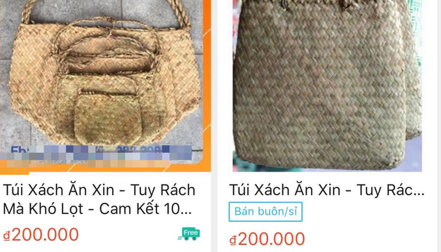 Theo lời quảng cáo của người bán, những chiếc túi này được làm từ chất liệu cói truyền thống. "Túi xách ăn xin - Tuy rách mà khó lọt – Cam kết 100% không lo rơi tiền".