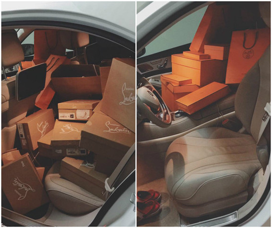 Không chỉ đi xe sang, nữ ca sĩ Miu Lê còn khoe ảnh hàng hiệu chất đầy xe trên trang cá nhân.