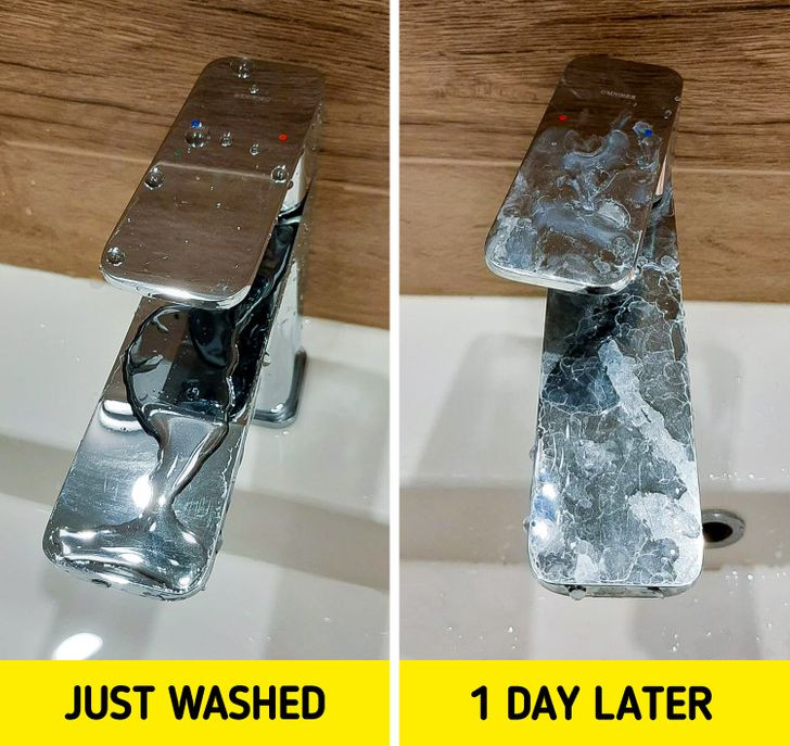 Với vòi nước thiết kế dạng ống tròn, những giọt nước bắn ra sẽ rơi khỏi vòi, xuống bồn rửa. Nhưng với chiếc vòi dạng phẳng, nước sẽ đọng lại trên bề mặt vòi, dần bốc hơi và để lại ngững vết bẩn cứng đầu, khó tẩy rửa.