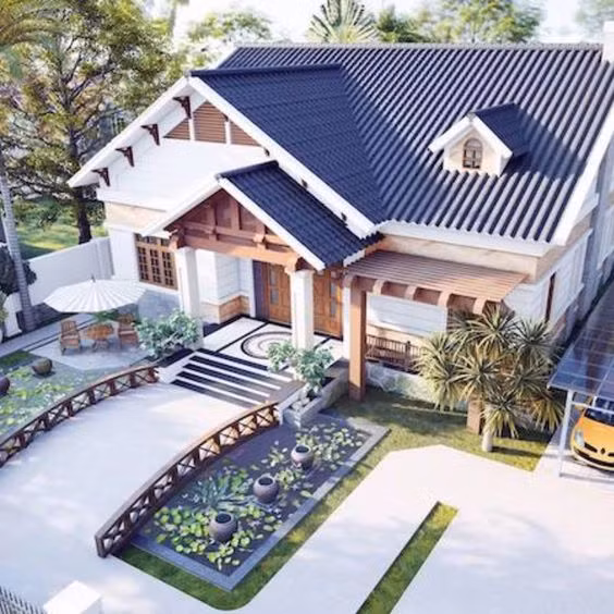 Măt tiền với hồ nước tự nhiên và cây cầu bắc qua gợi vẻ đẹp mộc mạc, truyền thống. Ảnh: Wedo.