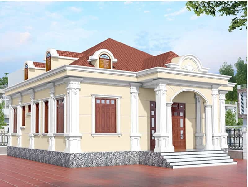 Nhà cấp 4 mái thái mang phong cách tân cổ điển với phối cảnh mặt tiền ấn tượng và cuốn hút. Ảnh: Wedo.