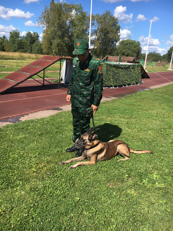 Vận động viên và cho nghiệp vụ vừa hoàn thành nội dung luyện tập vượt chướng ngại vật trong bài thi “Vượt qua chướng ngại vật 300m cùng chó nghiệp vụ”.