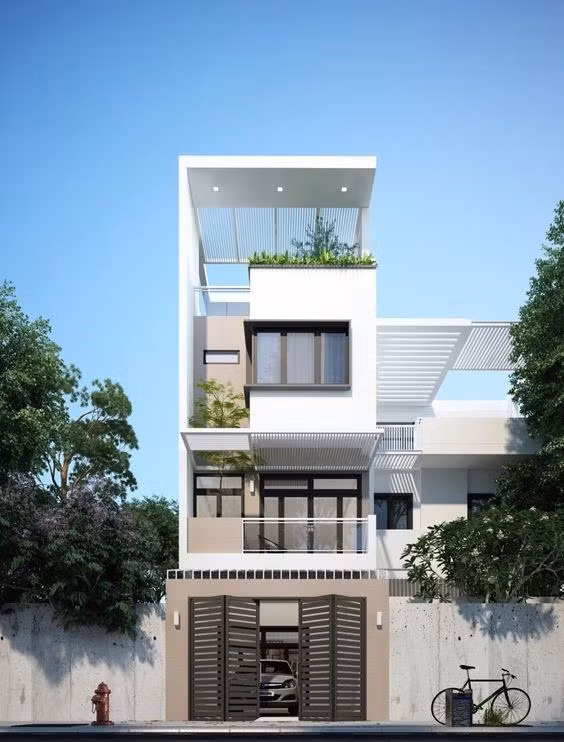Hệ thống thanh lam trên tầng thượng thiết kế khá dày với những đường mảnh, tạo điểm nhấn trang trí đặc biệt cho mẫu thiết kế. Ảnh: Wedo.