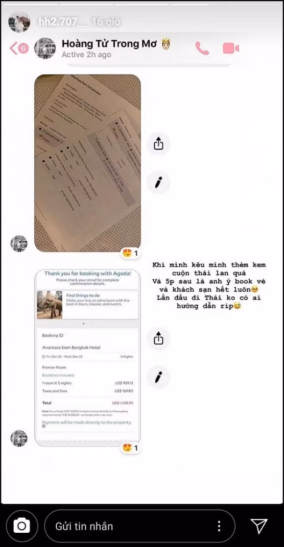 Thậm chí, thiếu gia Phan Hoàng còn đặt vé máy bay và phòng khách sạn sang Thái Lan 5 ngày chỉ để bạn gái thỏa cơn thèm món kem cuộn.