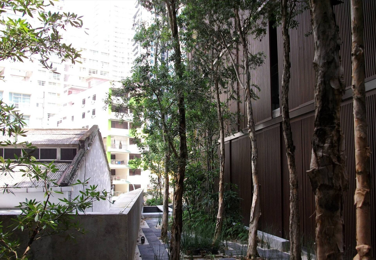 Bên ngoài tòa nhà là vườn cây mát mẻ.