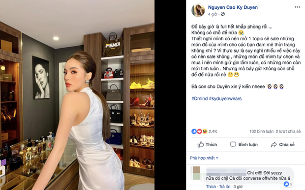 Hoa hậu Kỳ Duyên từng hé lộ căn phòng chật ních toàn đồ hiệu. Đôi khi, người đẹp phải lao tâm khổ tứ nghĩ cách thanh lý. Ảnh: FBNV.