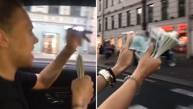 Tháng 7/2018, một đoạn video ghi lại cảnh ném tiền trên đường phố của một nhóm bạn trẻ người Nga được đăng tải trên tài khoản Istagram có tên Russian Rich Kids (Hội con nhà giàu Nga) thu hút sự chú ý của nhiều người. Ảnh: DailyMail.