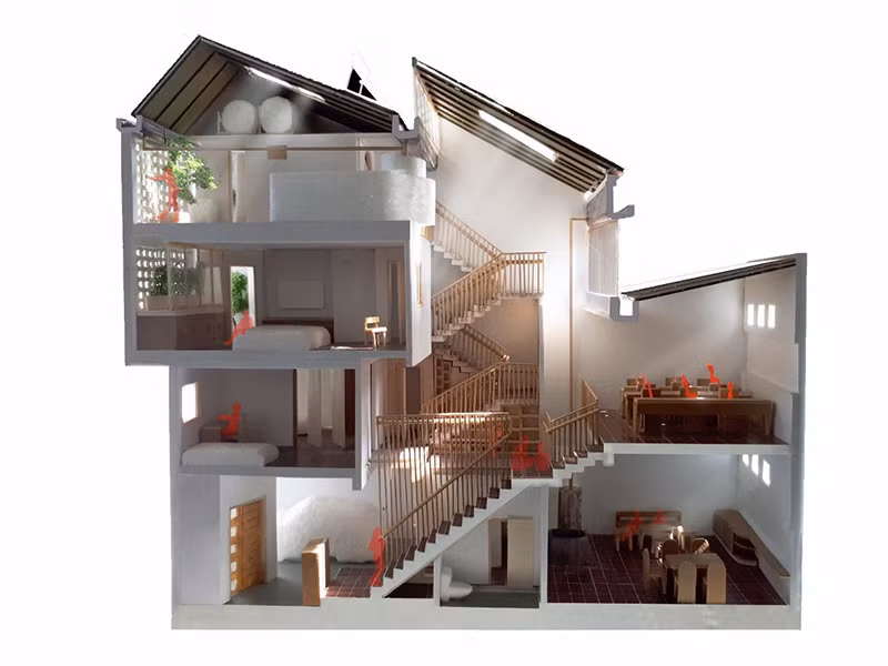 Mái nhà thiết kế theo dạng mái xối tích hợp với dầm nhà cỡ lớn để dễ dàng bố trí hệ thống ống thu nước.