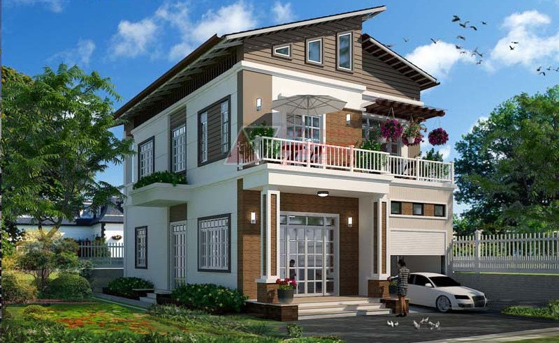 Nhà 2 tầng 1 tum được thiết kế gọn gàng với không gian sân vườn thoáng đãng. Ảnh: Angcovat.