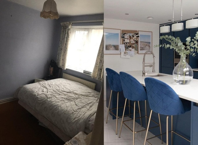 Phòng ngủ chật chội, bí bách trước kia này là khu nấu nướng, ăn uống được thiết kế với tông màu trắng-xanh.