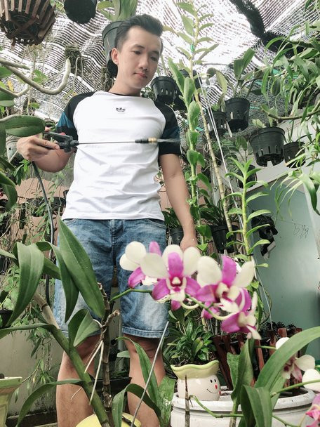 Khởi nghiệp chỉ với 10 triệu đồng, Phạm Phước An (sinh năm 1993, ấp Thanh Thủy, xã An Phước- Mang Thít, Vĩnh Long) đã sở hưu vườn lan có giá trị hàng trăm triệu đồng chỉ sau 3 năm. Ảnh: Baovinhlong
