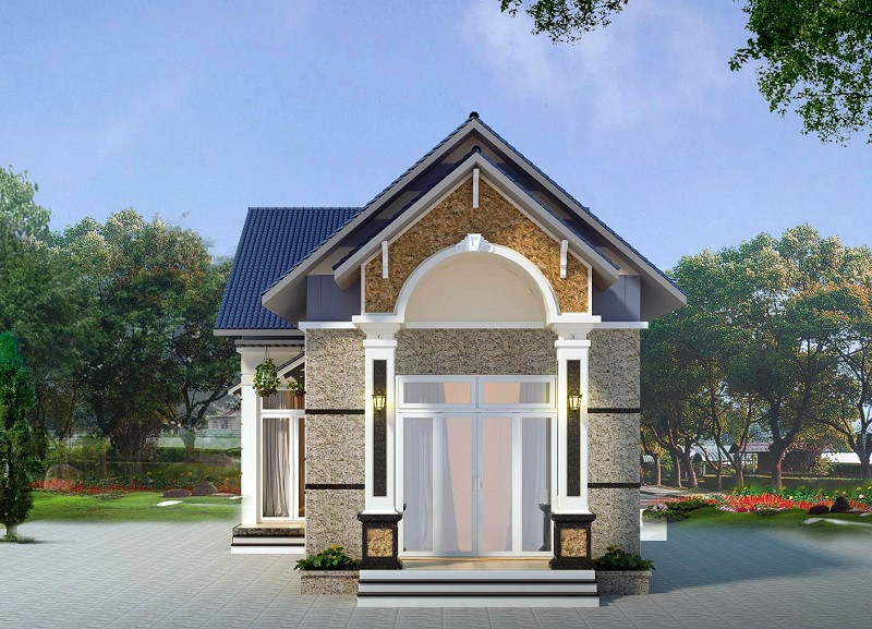  Nhà cấp 4 mái thái nổi bật với thiết kế mặt tiền sang trọng và hiện đại, phần cửa ra vào được thiết kế lồi ra ngoài tạo thành một thiết kế nhà ống vô cùng bắt mắt. Ảnh: Holcim.