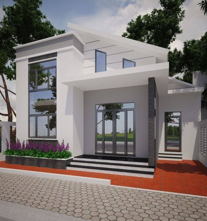 Nhà cấp 4 mái lệch thiết kế đặc biệt khi cửa sổ tầng 1 và cửa sổ của gác lửng được thiết kế chung vào nhau và có 1 phần là cửa kính cố định. Ảnh: Homemy.