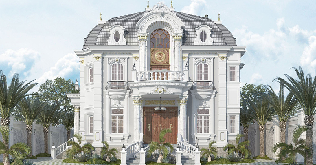 Biệt thự mang đậm phong cách hoàng gia Châu Âu với những đường cắt xẻ phức tạp, cổng lớn rộng rãi, phù hợp với người yêu thích sự cổ điển, cầu kì và mĩ lệ. Ảnh: Wedo.