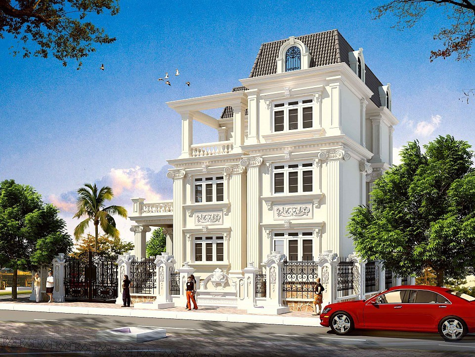 Hình khối kiến trúc biệt thự 3 tầng bề thế và kiên cố, toát lên sự sang trọng. Từ chân tường, bậc tam cấp đến hiên chính và cầu thang đều được ốp đá tự nhiên tối màu. Ảnh: Wedo.