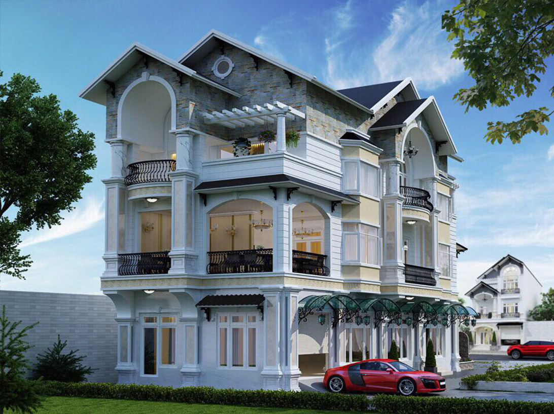 Biệt thự nhà vườn kết hợp bắt mắt giữa sự phá cách với cách lát đá tầng mái và sự cổ điển của kiến trúc vòm. Ảnh: xcons.