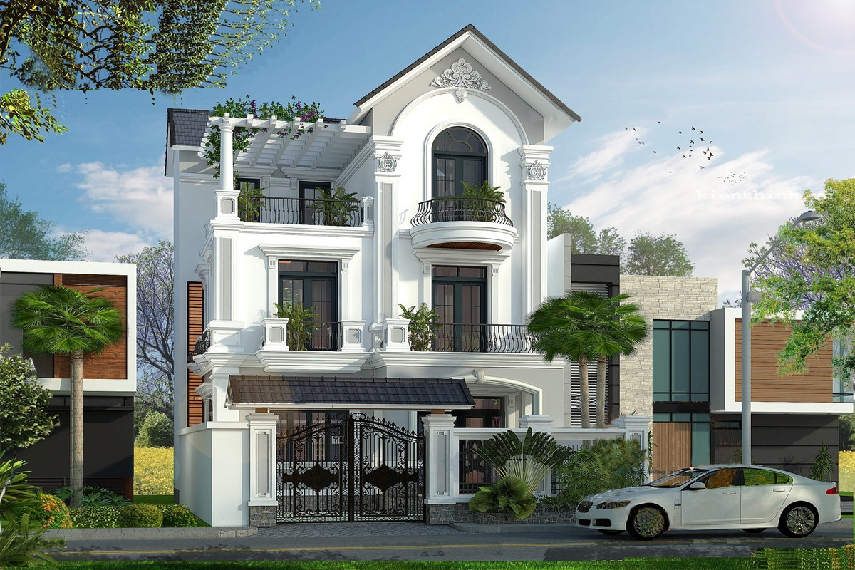 Không sử dụng cột tròn như thường thấy trong kiến trúc cổ điển truyền thống, kiến trúc sư thay bằng hệ thống trụ cột vuông mang đến hơi thở mới cho biệt thự. Ảnh: Wedo.