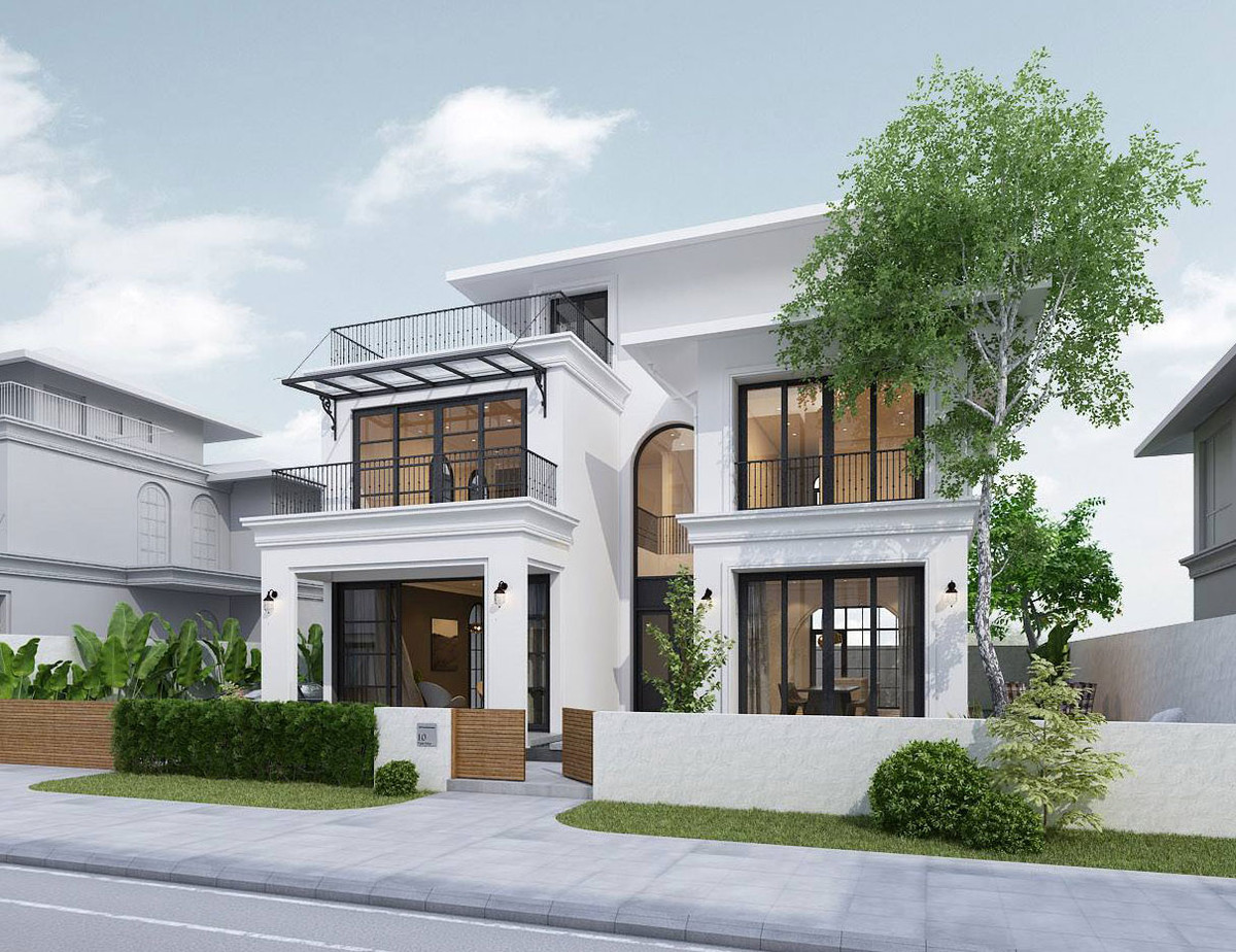 Điểm nhấn của biệt thự là hình khối nổi bật với những khối hình học cơ bản, chủ yếu là hình vuông và hình hộp. Ảnh: Wedo.