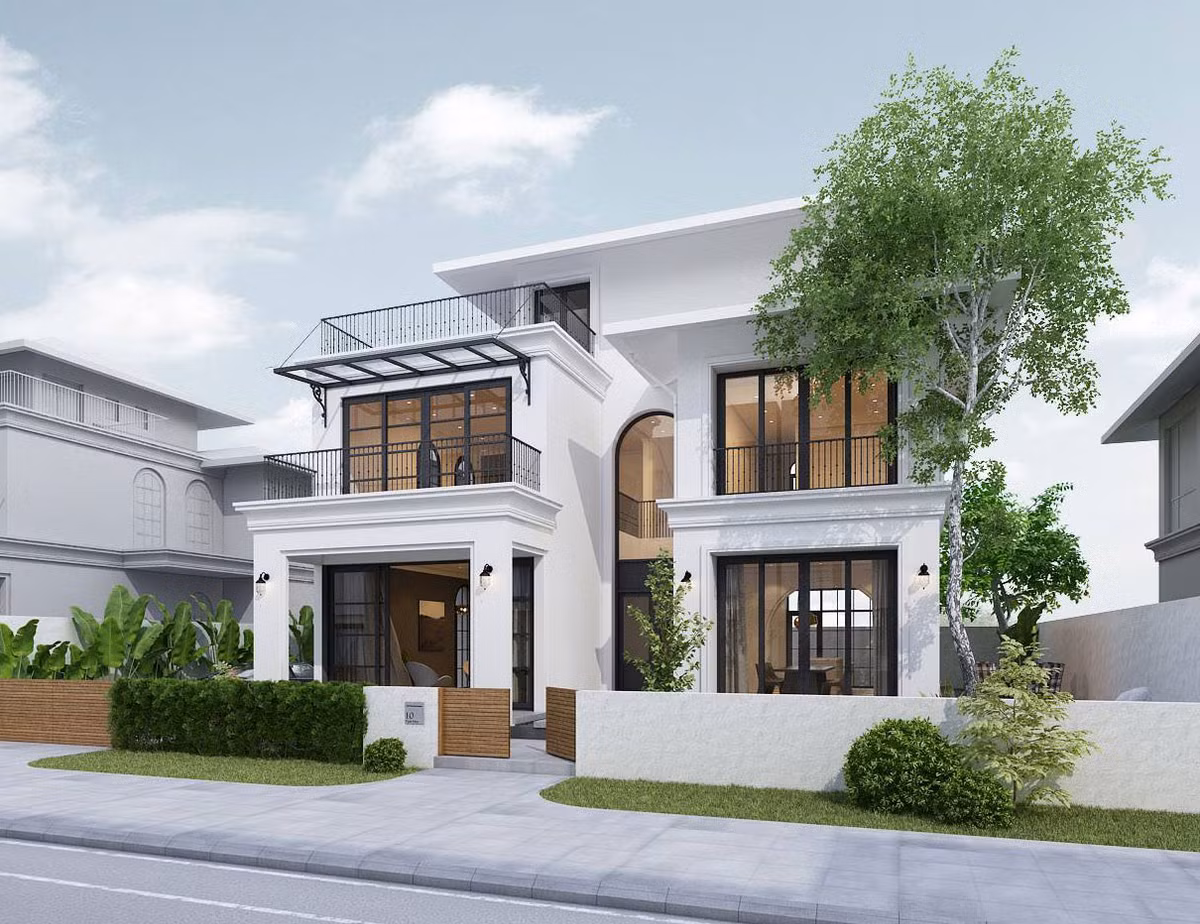 Điểm nhấn của biệt thự là hình khối nổi bật với những khối hình học cơ bản, chủ yếu là hình vuông và hình hộp. Ảnh: Wedo.