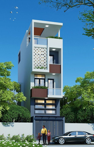 Sự kết hợp linh hoạt giữa các khối hình học tạo nên sức hút cho mặt tiền căn nhà. Ảnh: Bietthunhaphodep.