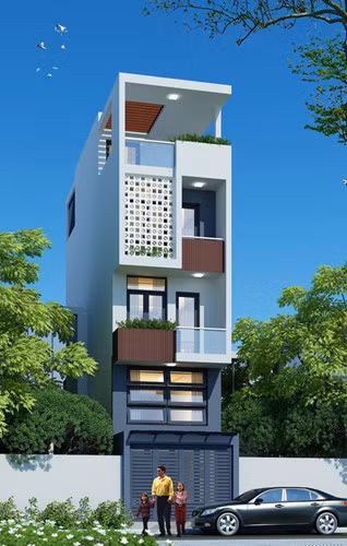 Sự kết hợp linh hoạt giữa các khối hình học tạo nên sức hút cho mặt tiền căn nhà. Ảnh: Bietthunhaphodep.