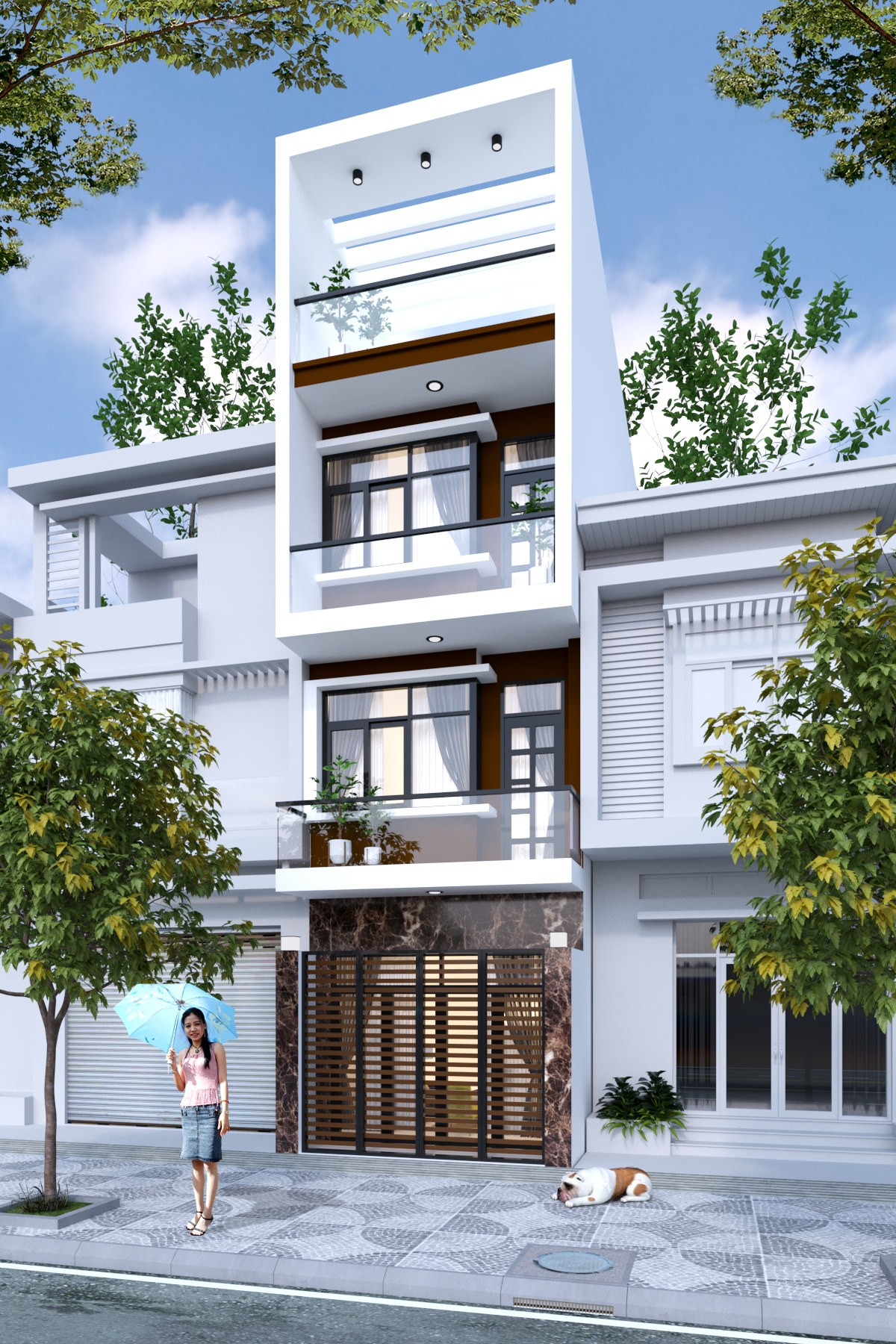 Hình khối ngôi nhà 3 tầng 1 tum thiết kế đơn giản với những khối vuông nhỏ nhắn và có độ đua rộng. Ảnh: Wedo.