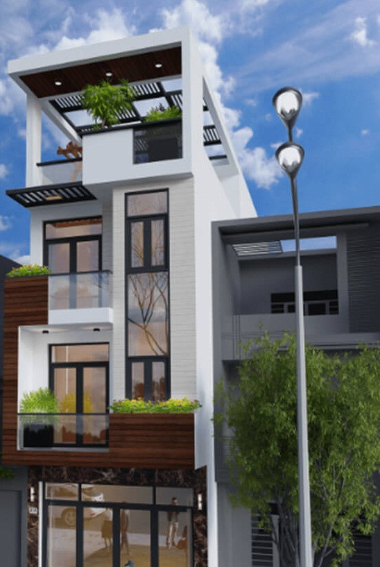 Mẫu nhà lệch tầng mang phong cách hiện đại với các chi tiết ban công, sân thượng, cửa kính, lan can kính cường lực sang trọng. Ảnh: Arcviet.