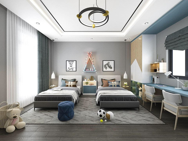 Phòng ngủ dành riêng cho 2 con trai của nam ca sĩ Lê Hoàng thoáng đãng, ngập ánh sáng. Ảnh: FBNV.