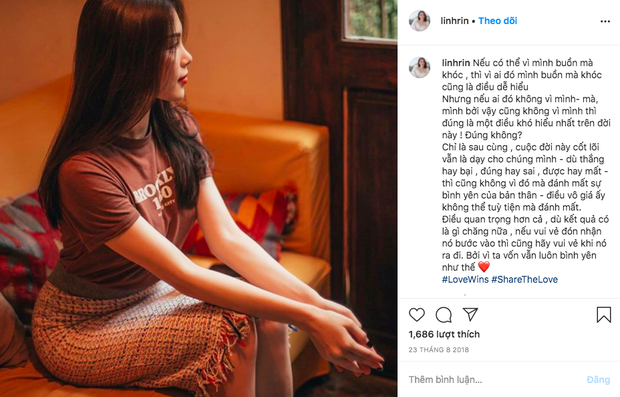 Hiện tại, Linh Rin đang trải qua những ngày khá mệt mỏi và cần thời gian suy nghĩ thêm. Cô chủ động xoá tất cả hình ảnh của mình cũng như hình chụp chung với bạn trai.