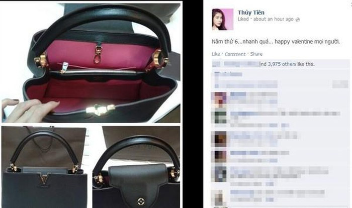 Valentine năm 2014, Thủy Tiên nhận được món quà từ ông xã Công Vinh là chiếc túi hiệu LV Capucines 2013 có giá 5.600 USD (gần 120 triệu đồng).