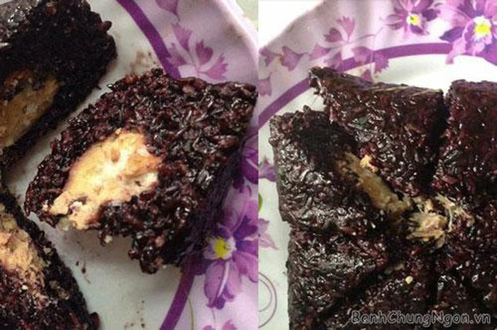 Vẫn làm từ gạo nếp vo kỹ với đỗ xanh, điểm khác biệt của bánh chưng chay nằm ở nhân bánh. Loại nhân được làm nhiều nhất vẫn là đỗ xanh đồ chín tới, vàng tơi trộn với nấm hương được xao tẩm kĩ. Ảnh: Facebook.