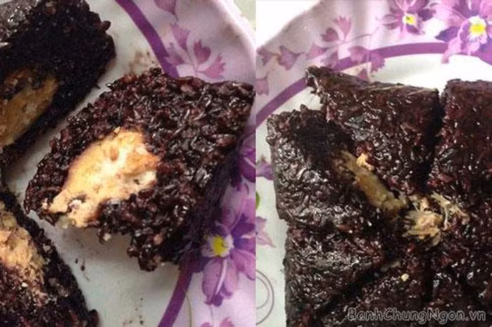 Vẫn làm từ gạo nếp vo kỹ với đỗ xanh, điểm khác biệt của bánh chưng chay nằm ở nhân bánh. Loại nhân được làm nhiều nhất vẫn là đỗ xanh đồ chín tới, vàng tơi trộn với nấm hương được xao tẩm kĩ. Ảnh: Facebook.