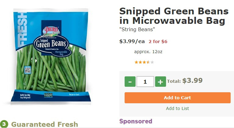 Một gói đậu đũa trên trang Freshdirect có giá 3,99 USD, tương đương 92.000 đồng. Ở Việt Nam, đậu đũa hiện có giá chỉ khoảng 30.000 đồng/kg. Ảnh chụp màn hình.