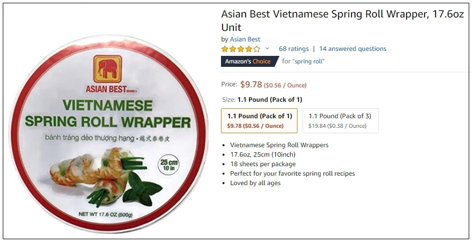 Trên Amazon, một gói bánh đa nem (bánh tráng) Việt Nam 500g có giá 9,78 USD (226.000 đồng). Ảnh chụp màn hình. Video: Gạo Việt chất lượng cao lên ngôi. Nguồn: VTC1