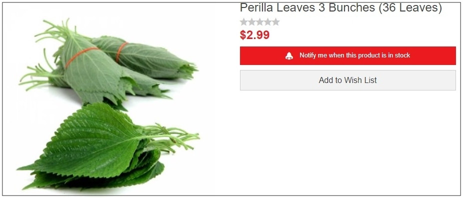 Một bó gồm 36 lá tía tô được bán trên trang Fresh.hmart với giá 2,99 USD (69.000 đồng) trong khi ở Việt Nam, bạn chỉ phải mua vài nghìn đồng.Ảnh chụp màn hình.