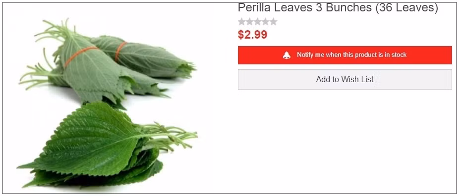 Một bó gồm 36 lá tía tô được bán trên trang Fresh.hmart với giá 2,99 USD (69.000 đồng) trong khi ở Việt Nam, bạn chỉ phải mua vài nghìn đồng.Ảnh chụp màn hình.