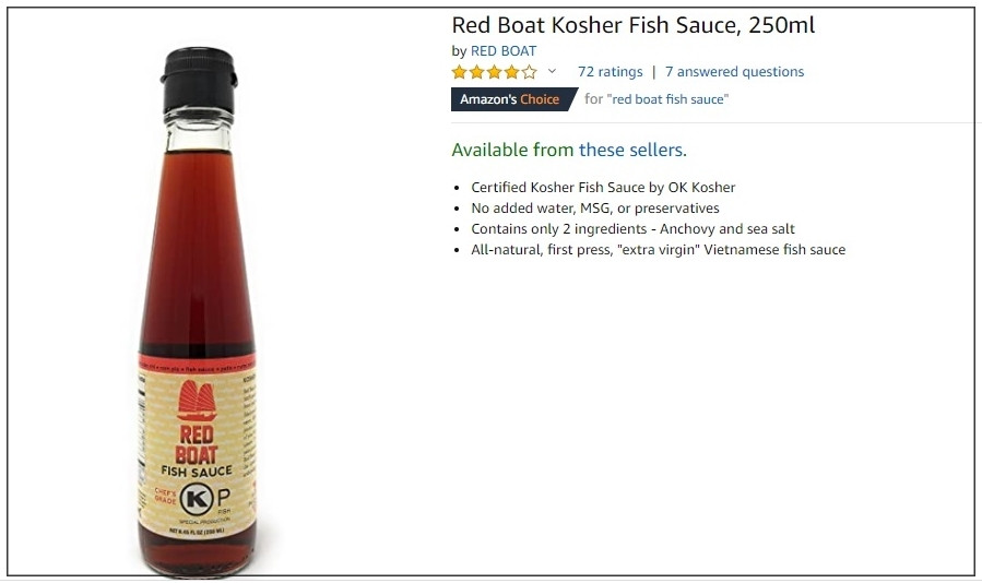 Chai nước mắm Red Boad 250ml trên Amazon giá lên tới 14,95 USD, tương đương 346.000 đồng/chai. Với số tiền này, bạn có thể mua ít nhất 5-6 chai mắm ở Việt Nam với cùng dung tích. Ảnh chụp màn hình.