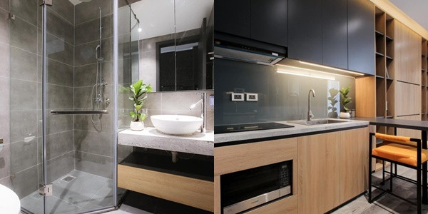Phòng tắm và nhà bếp được thiết kế theo phong cách hiện đại.