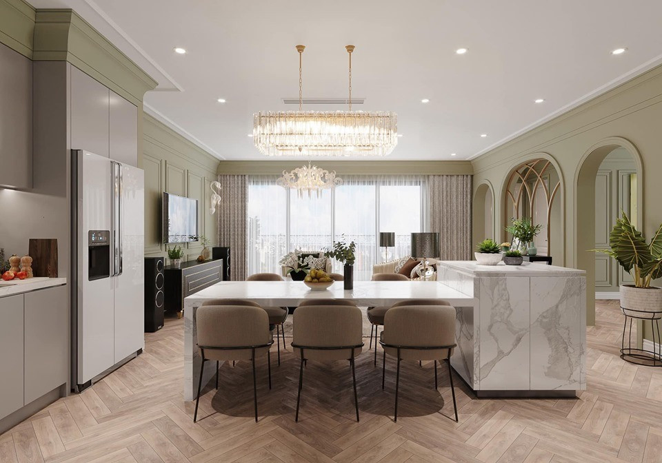 Khu bếp có bàn lớn, 6 ghế với đầy đủ các vật dụng tiện nghi. Ảnh: Lao động.