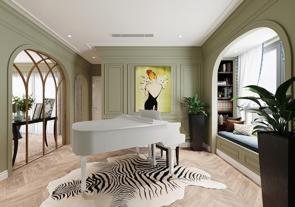 Khu vực được diễn viên Mạnh Trường yêu thích nhất là chiếc đàn piano màu trắng đặt ở giữa nhà. Ảnh: Lao động.