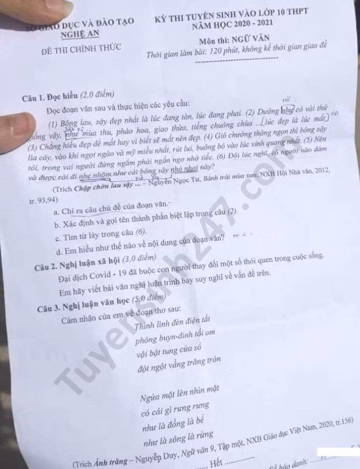 Dap an de thi mon Van vao lop 10 vao THPT tinh Nghe An nam 2020