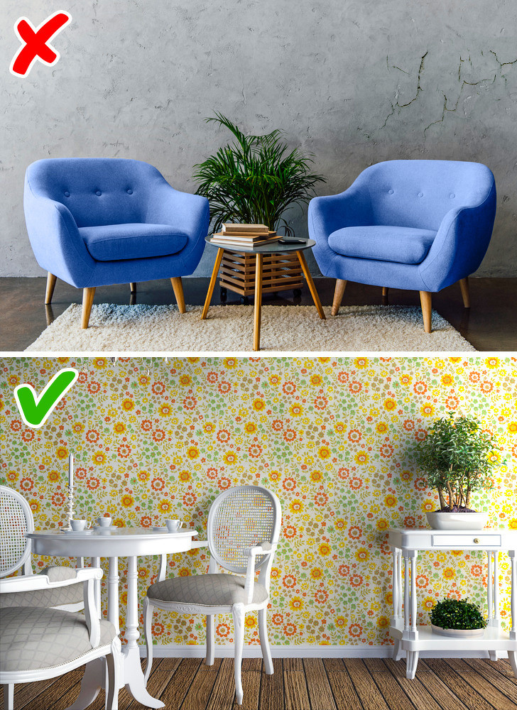 Ngay cả khi tiêu chí của bạn là chọn nội thất rẻ tiền nhất thì các nhà thiết kế vẫn khuyên bạn nên mua giấy dán tường tốt hoặc sơn tường cao cấp. Giấy dán tường và sơn chất lượng vừa bảo vệ cho bức tường, vừa đảm bảo tính thẩm mỹ cao, giúp bạn tiết kiệm hơn nhiều so với các lựa chọn rẻ tiền.