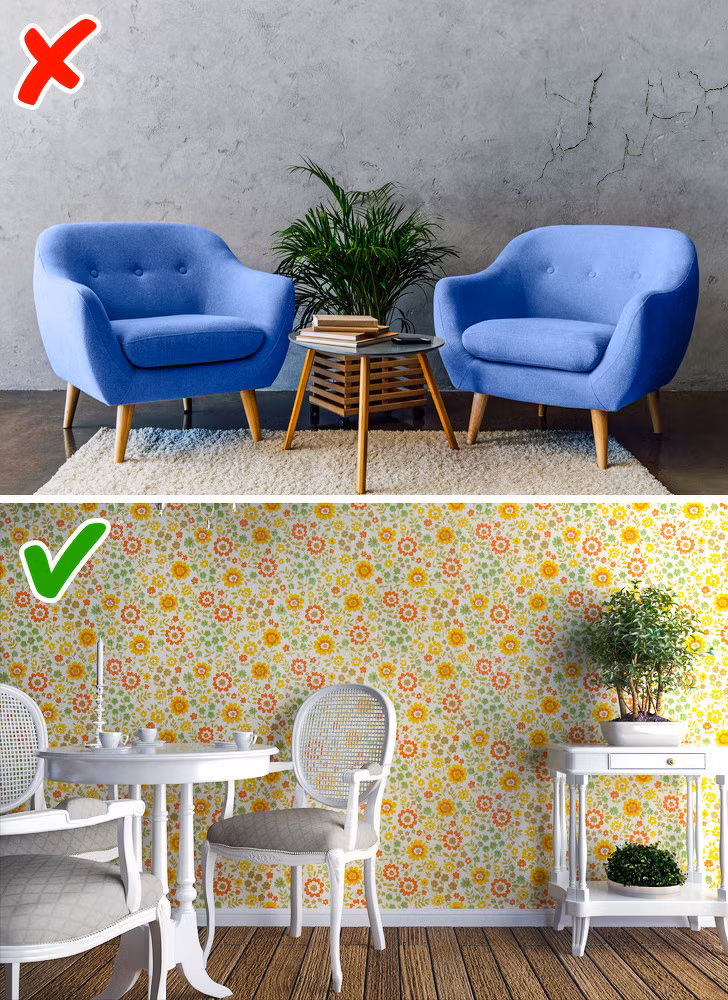 Ngay cả khi tiêu chí của bạn là chọn nội thất rẻ tiền nhất thì các nhà thiết kế vẫn khuyên bạn nên mua giấy dán tường tốt hoặc sơn tường cao cấp. Giấy dán tường và sơn chất lượng vừa bảo vệ cho bức tường, vừa đảm bảo tính thẩm mỹ cao, giúp bạn tiết kiệm hơn nhiều so với các lựa chọn rẻ tiền.