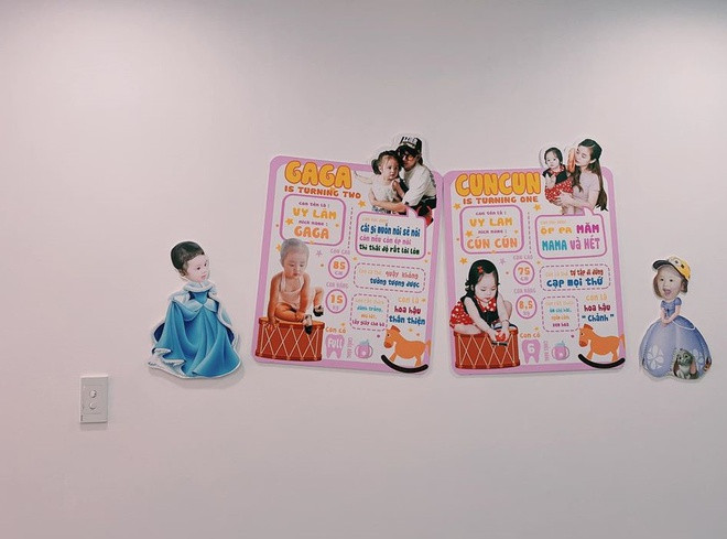 Trên tường, vợ chồng Hoài Lâm treo tấm ảnh ghi lại chặng đường phát triển của hai con. Ảnh: Zing.